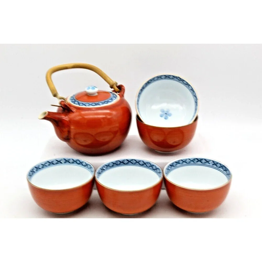 Arita Porcelain Teapot and 5 Cups Tetsuyama Kiln Japanese Tea Set Vintage
